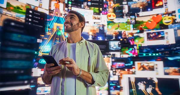 Persona usando un smartphone mientras observa múltiples anuncios creados con inteligencia artificial.