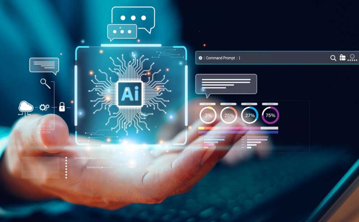 AI tech help business concept. Artificial intelligence technology assistance. Technology customer service.  Businessman connect robot Chat AI, command prompt generates futuristic transformation