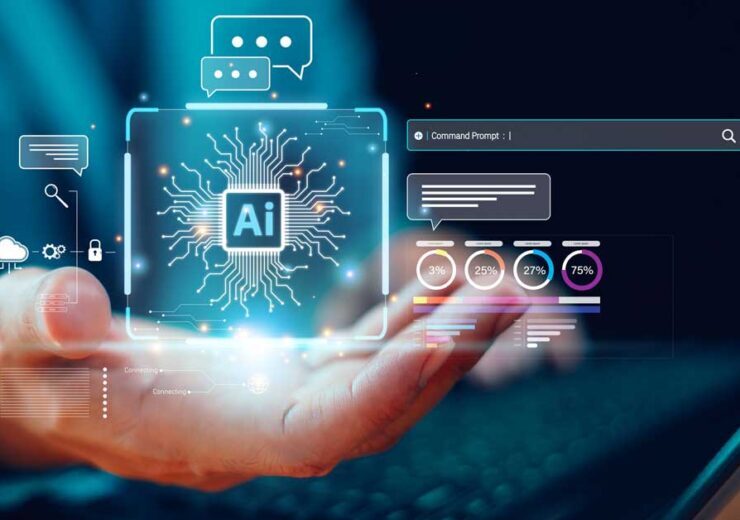 AI tech help business concept. Artificial intelligence technology assistance. Technology customer service.  Businessman connect robot Chat AI, command prompt generates futuristic transformation