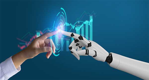 Mano humana tocando una mano robótica con gráficos digitales al fondo, representando tipos de inteligencia artificial.