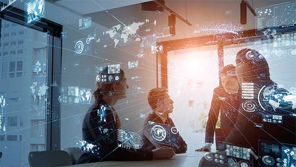Equipo corporativo trabajando con interfaces digitales y tecnología de datos en un entorno futurista.