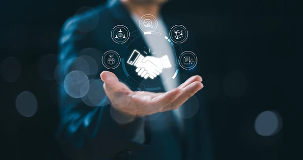 Profesional representa alianzas y oportunidades digitales con IA