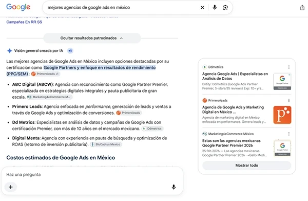 Respuesta de IA en Google que menciona a Primeroleads como agencia
