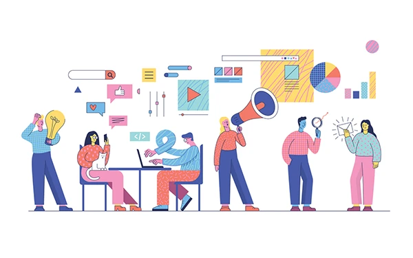 Ilustración de un equipo analizando gráficas de rendimiento digital