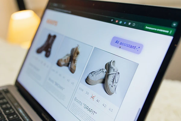Tienda de calzado en una laptop con un botón de asistente de IA