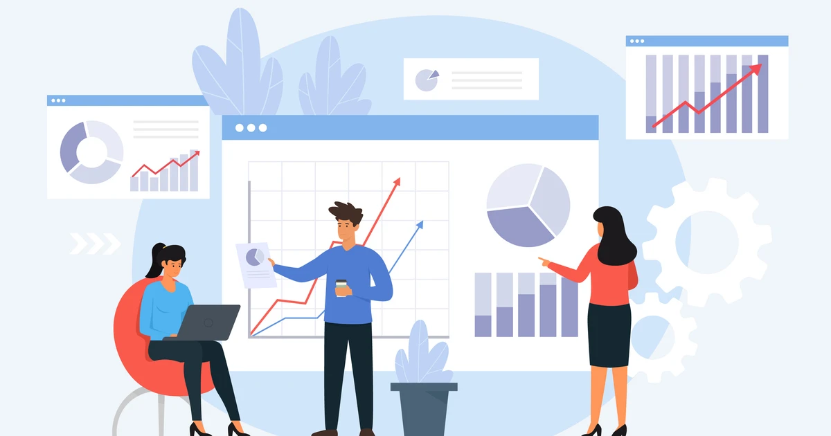 Ilustración de tres personas analizando gráficos y reportes de datos