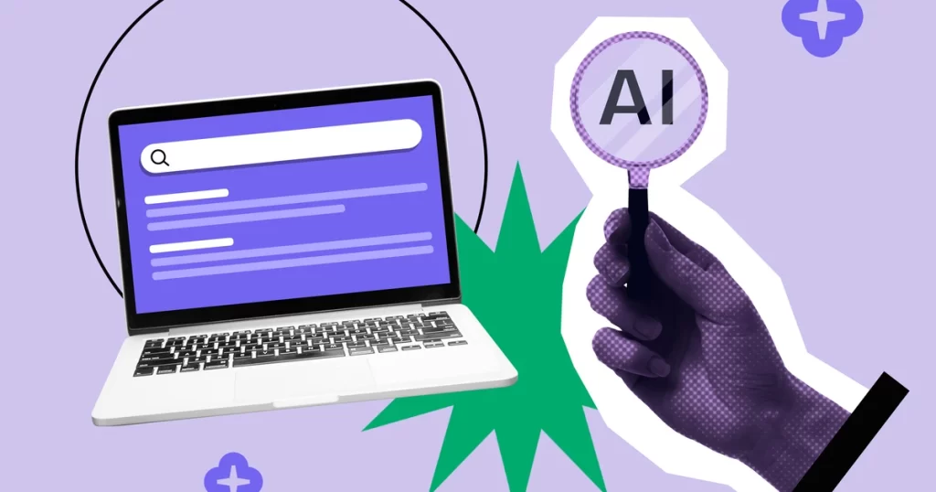 Computadora con buscador y mano que sostiene una lupa con letras AI