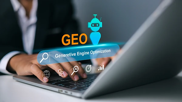 Persona usando una laptop con interfaz GEO y un robot virtual