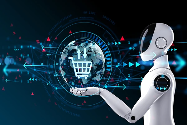 Robot humanoide junto a un globo digital con carrito de compras