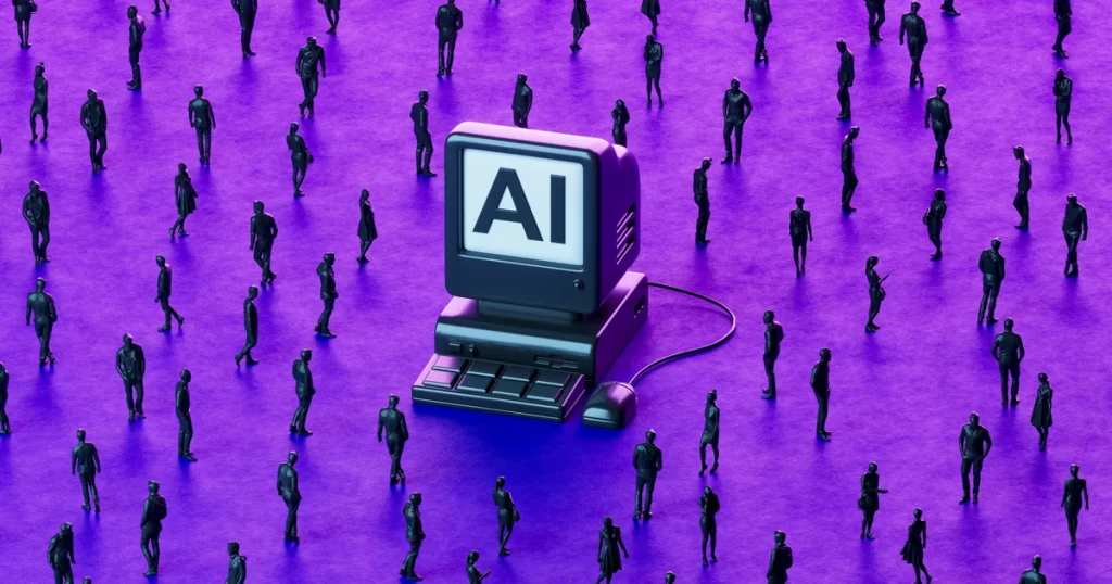 Computadora con las siglas AI rodeada de personas sobre fondo violeta